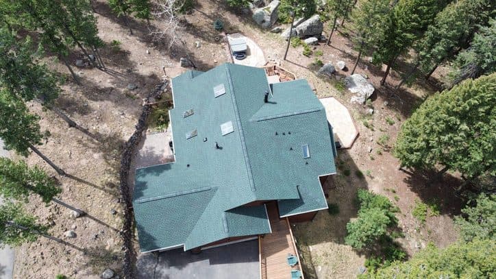 Aerial view of completed roof replacement in Evergreen Colorado