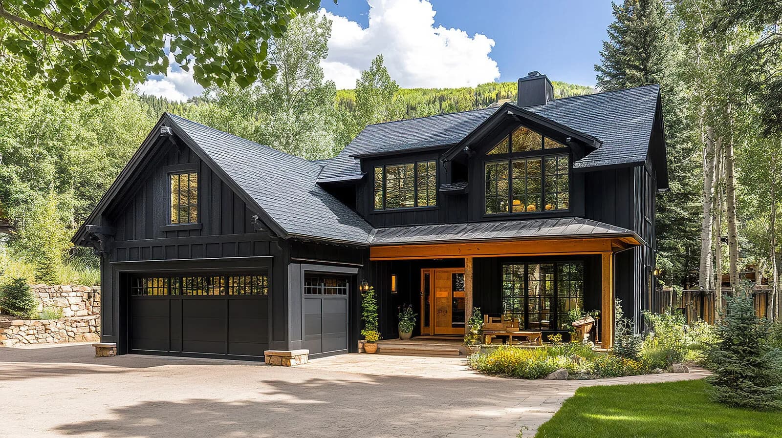 Beautiful cabin-style home exterior at dusk in Denver Colorado
