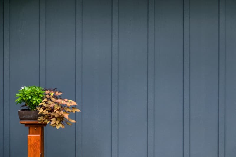 James Hardie panel board and batten siding in dark gray with potted plant