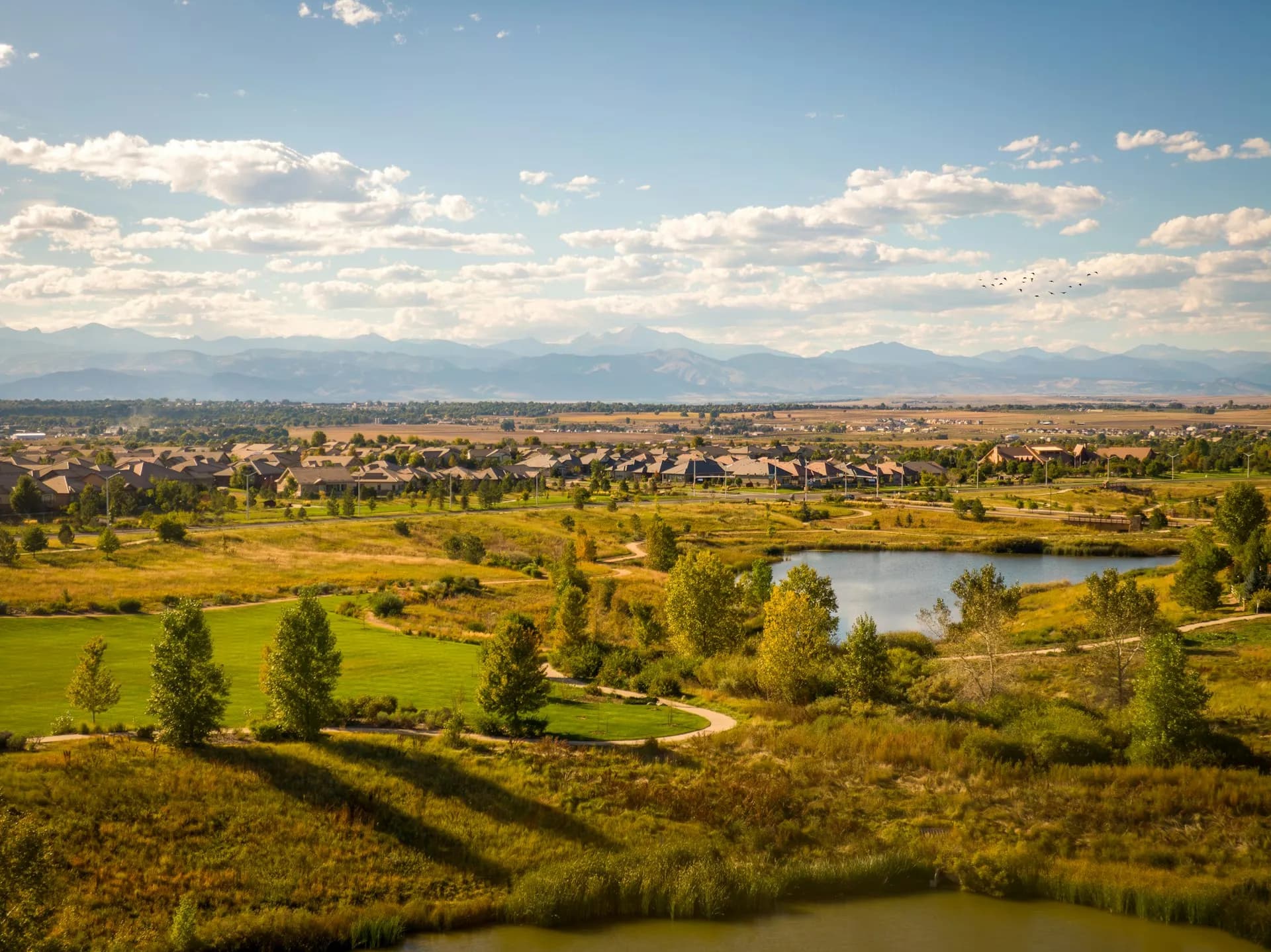Planned community with homes and green spaces in Broomfield Colorado