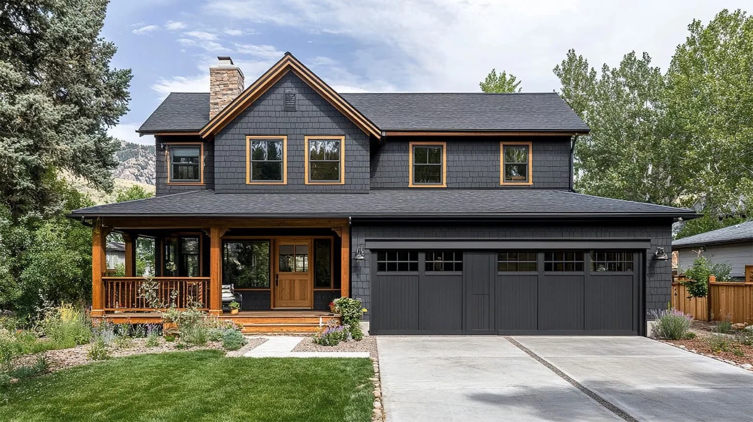 Dark siding home with wood accents in Denver