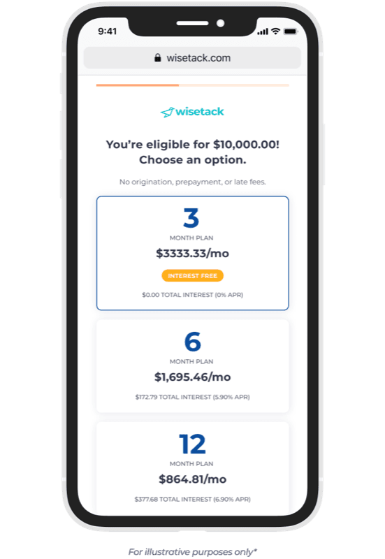 Wisetack financing offer screen showing monthly payment plan options for a home improvement project